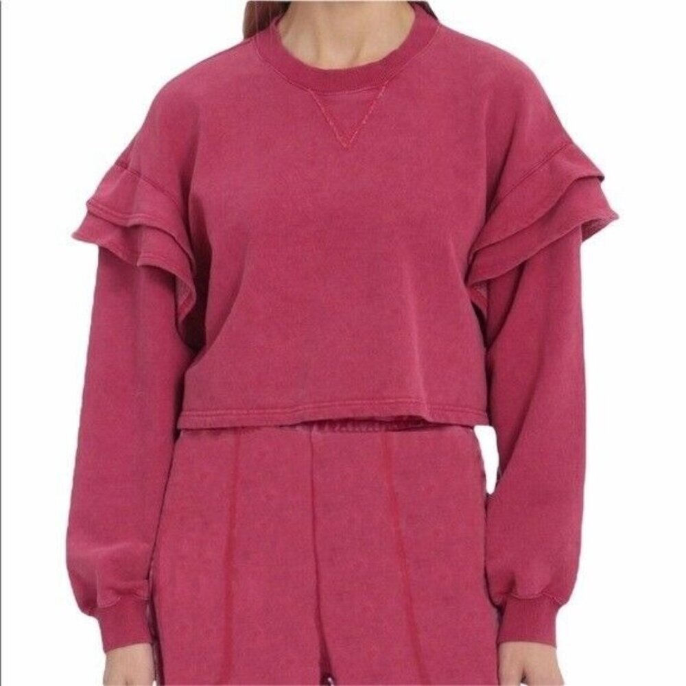 7 for All Mankind Women's Sweatshirt Ruffle Shoulder Crop Berry Pink Large NEW